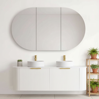 Meuble-lavabo mural flottant blanc moderne à cannelures avec miroir LED triple et double vasque en céramique pour hôtel