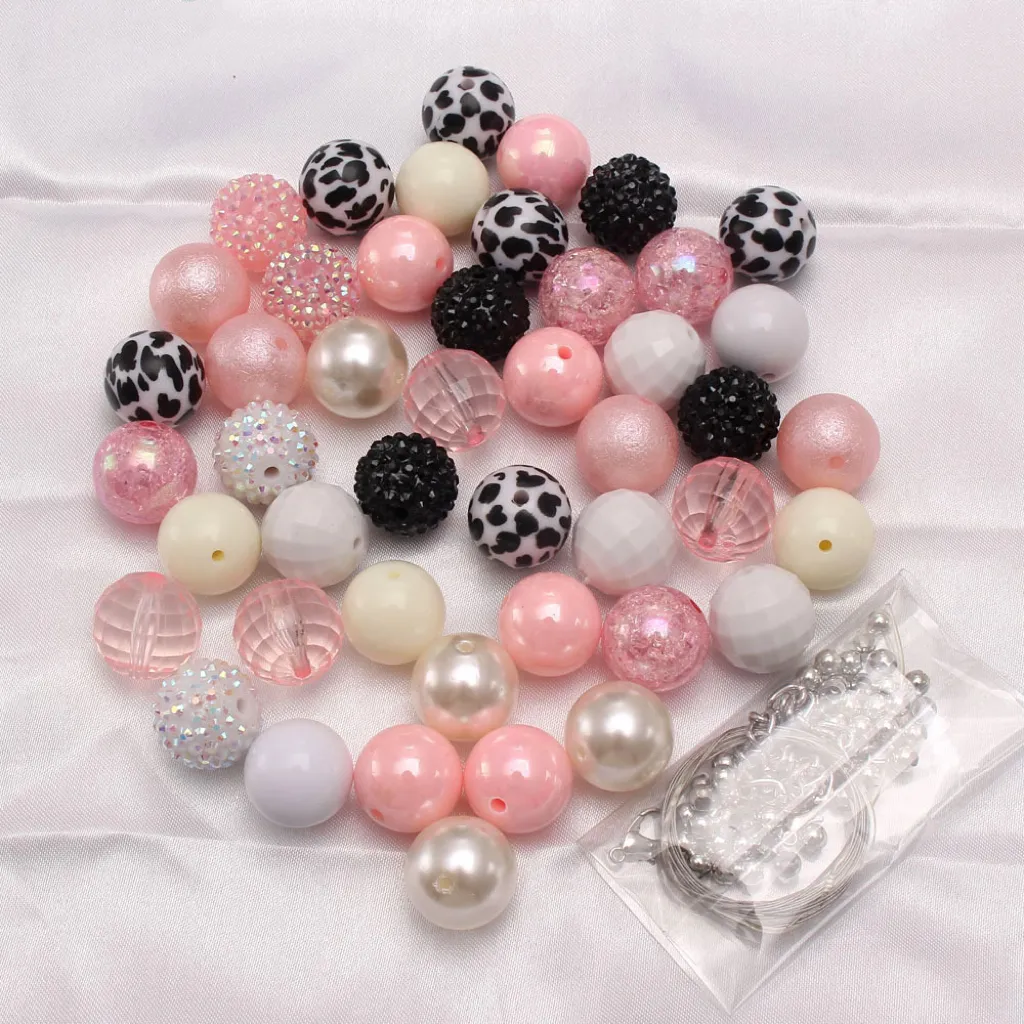 20MM Mixed Styles Pink and Leopard Print Acrylic Chunky Beads Rhinestone Bubblegum Beads for DIY Kids Girls Jewelry