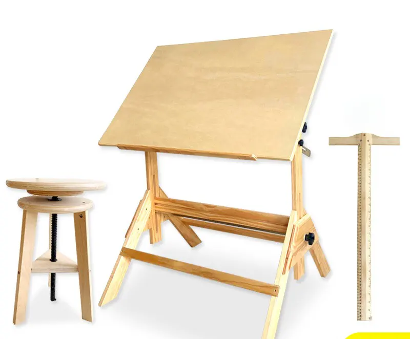 โต๊ะเขียนหนังสือไม้เนื้อแข็ง,โต๊ะปรับความสูงและปรับเอียงได้สำหรับงานศิลปะศิลปินโต๊ะวาดรูปและม้านั่ง