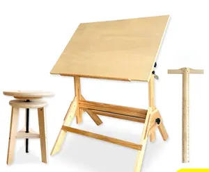 Solid Wood Writing Drafting Table Adjustable Height And Tiltable Tabletop for Artwork Artist Drawing Desk and Stool