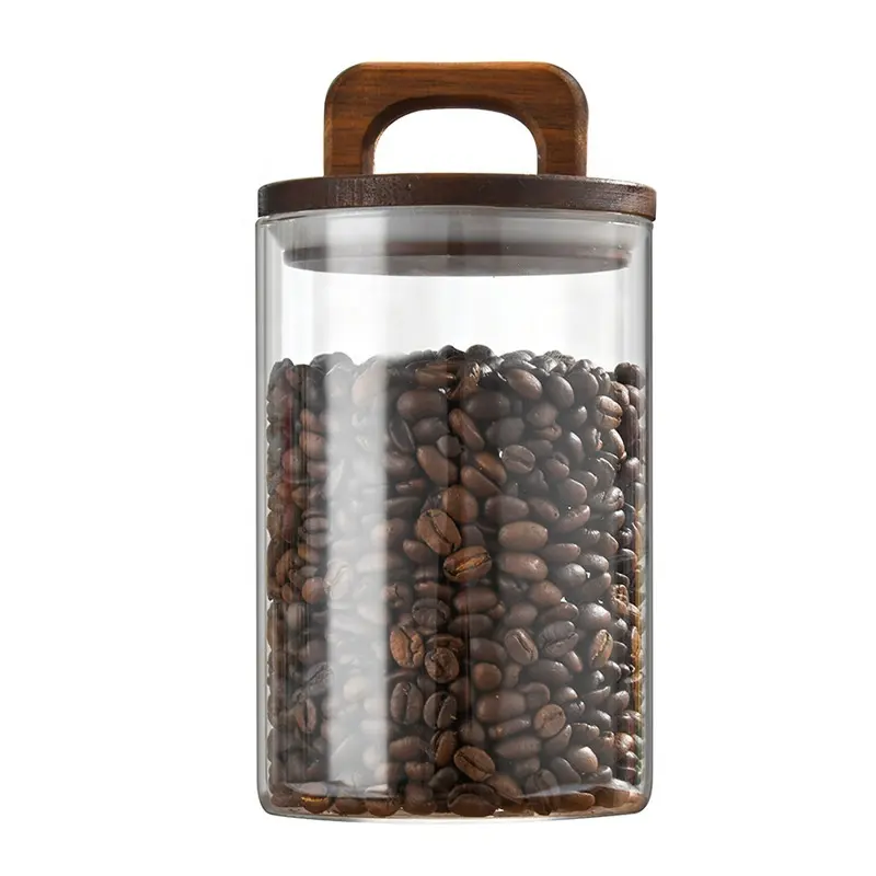 American handle wood cover glass tea jar snack storage coffee bean glass jar display round sealed jar wholesale