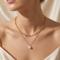 Collar de Cadena con Clip de Doble Capa y Colgante de Perla, Acero Inoxidable 316L, Oro 18K PVD, Hipoalergénico para Mujer