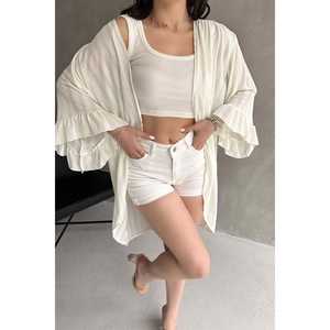 Cárdigan de malla bohemio para mujer, de gasa transparente con capas y mangas con volantes, translúcido blanco - Product Image 3