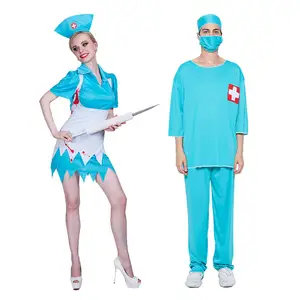 Kostum Pesta Halloween Kostum Perawat Zombie Pria Operasi Dokter Cosplay Kostum Biru