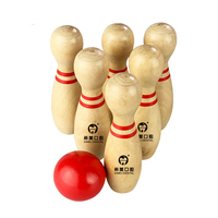 Jeu de bowling miniature en bois personnalisé avec logo imprimé, en bois massif naturel, pour le bureau, avec quilles à rayures rouges et boule