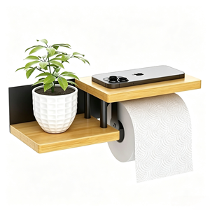 Porte-papier toilette mural moderne avec étagère en bambou, support de rangement en métal, organisateur de salle de bain pour la maison et l'hôtel - Product Image 1