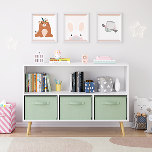 White Green 3 Drawer Kids Toy Storage Organizer with Fabric Bins, Wooden <strong>Bookcase</strong> for <strong>Children</strong> <strong>s</strong> Room - Product Image 1