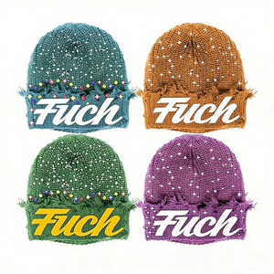 Gorro de punto con pedrería y perlas para mujer, cálido para invierno, de color sólido, elástico, transpirable, a prueba de viento, protección solar - Product Image 4