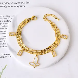 Bracciale da Donna in Acciaio Inossidabile con Ciondolo Occhio Placcato Oro 18K Regolabile Multistrato Quadrifoglio Gioielli all'Ingrosso - Product Image 2