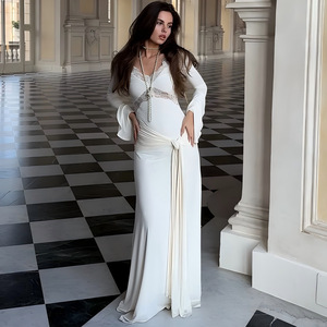 Robe de soirée élégante à col en V, style cache-cœur, avec superposition transparente, taille empire, manches longues, dos plissé, pour les loisirs - Product Image 1