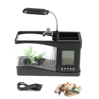 Aquarium rétro-transparent USB, Mini Aquarium de bureau, avec écran LCD lumineux et horloge, décoration de réservoir de poissons avec galets
