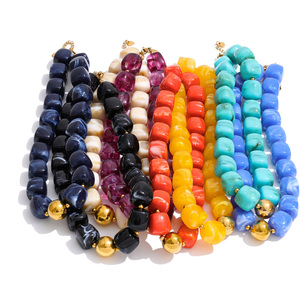 JINYOU 812 Nuovo Set di Gioielli con Perline Quadrate <span class=keywords><strong>in</strong></span> Acrilico, Bracciale e Collana con Catena <span class=keywords><strong>in</strong></span> <span class=keywords><strong>Acciaio</strong></span> Inossidabile Placcato Oro - Product Image 1