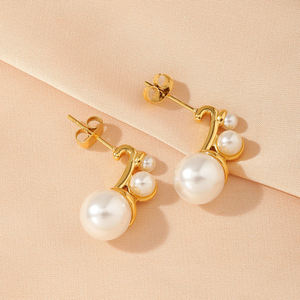 Boucles d'oreilles inhabituelles en acier inoxydable vintage français 18K pour fille de fête de mariage Boucles d'oreilles en perles élégantes hypoallergéniques - Product Image 5