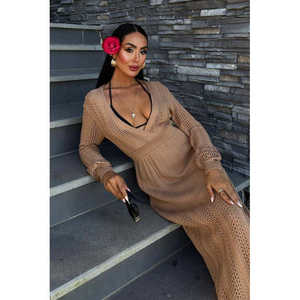 Vestido de punto con cuello en V profundo, ceñido al cuerpo, cintura natural, transpirable, con aberturas, informal y de ocio. - Product Image 3