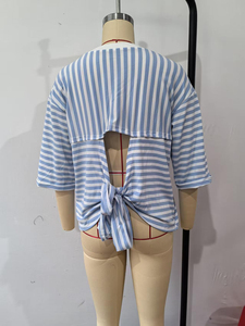 Camiseta de Punto a Rayas para Mujer, Hombros Caídos, Manga Tres Cuartos, Cuello Redondo, Corte Holgado, Informal, para Primavera y Verano - Product Image 6