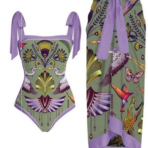 Conjunto de 2 Piezas de Traje de Baño con Falda de Cintura Alta y Cubierta de Encaje con Estampado Floral Rosa Personalizado para Mujer - Product Image 3