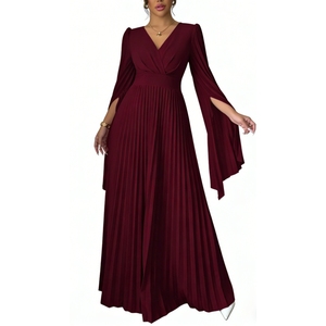 เดรสยาวทรงพลีทสำหรับผู้หญิง คอวี แขนยาว เอวสูง ทรงพลิ้วไหว ชุดราตรีออกงาน แฟชั่น - Product Image 2