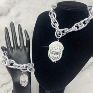 Senza appannamento Zeta Phi Beta argento acciaio inossidabile ciondolo da donna grande collana a catena spessa girocollo bracciale Set gioielli - Product Image 1