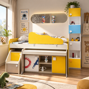 Juego <span class=keywords><strong>de</strong></span> Muebles Infantiles, Cama Alta con Escaleras y <span class=keywords><strong>Escritorio</strong></span>, Cama Infantil Amarilla y Crema, Muebles para Dormitorio Infantil, Juego <span class=keywords><strong>de</strong></span> Torre <span class=keywords><strong>de</strong></span> Almacenamiento - Product Image 1