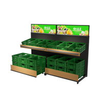 Commerciële 2-laags groentepresentatie rek, geoptimaliseerde mandenopslag. Praktisch productenrek, veel gebruikt in supermarkten.