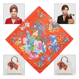 Selendang Persegi Bermotif Bunga Merah Digital untuk Wanita, Penutup Rambut, dan Pita Dekoratif untuk Pegangan Tas Kulit Putih - Product Image 1