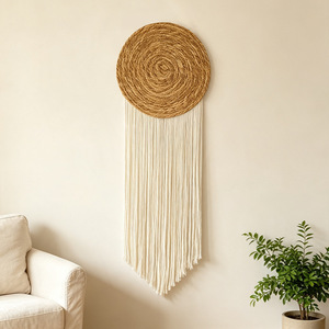 Arazzo Rotondo in Macramè di Paglia con Corda di Cotone Intrecciata e Nappe Lisce, Decorazione Murale Bohemien per Hotel e Casa - Product Image 3