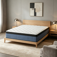 Matelas hybride à ressorts ensachés fermeté moyenne pour chambre d'hôtel moderne, avec dessus matelassé respirant et frais, support latéral à grille bleue, mobilier de maison