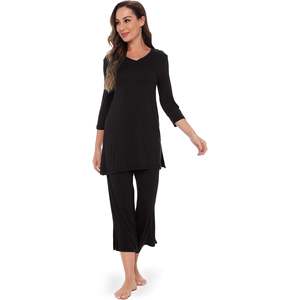 Ensemble pyjama capri en viscose de bambou pour femme, chemise à manches 3/4 et pantalon capri, vêtements de nuit doux et confortables - Product Image 3
