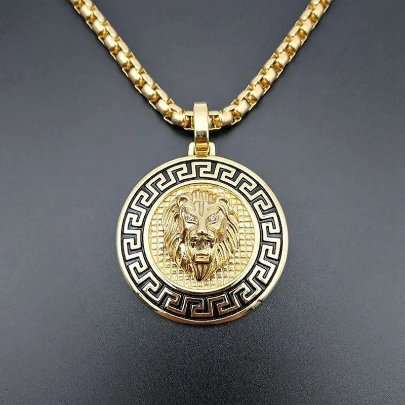 Collier rond personnalisé avec Lion en or sculpté, pendentif avec Logo personnalisé