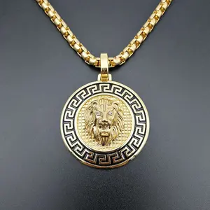 Ouro leão esculpido redondo logotipo personalizado colares pingente