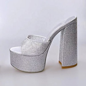 Silver Rhinestone Open Toe Block High Heel <b>Shoes</b> Slip-on Sandals Summer Thick Platform Heeled Slipper for Lady Size 43 - Product Image 3