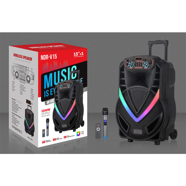 NDR 15-Inch Wireless KTV TWS Speakers Mics Powerful Bass HI-FI Karaoke Portable DJ Trolley Woofer Usb Box Sound Speaker