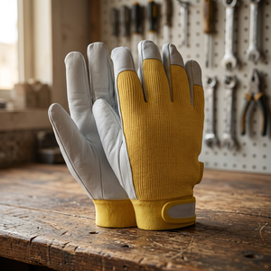 Gants de travail en cuir jaune et gris, bouts des doigts texturés, poignet tricoté, antidérapants, gants de sécurité polyvalents - Product Image 5