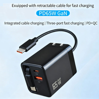 Cargador de Teléfono Retráctil 3 en 1 de 65 W con Enchufe de Pared y Dos Puertos USB, Cargador de Pared Retráctil con Cable Tipo C