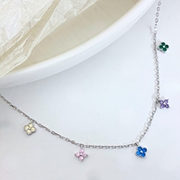 Perhiasan Trendy Perak 925 Sterling Silver Warna Pelangi Zirkon Liontin Semanggi Berdaun Empat Kalung Gelang untuk Wanita