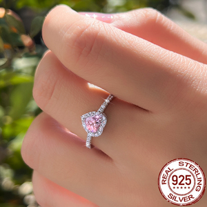 Anello in Argento Sterling 925 con Cuore Rosa in Zirconia Cubica per Donne, Fidanzamento, Feste, Gioielli CZ Placcati in Rodio - Product Image 4