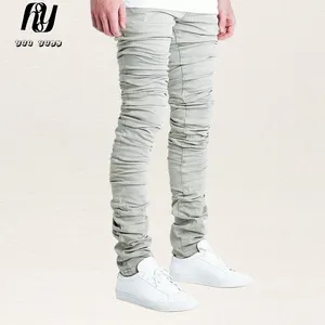 LILUO hip pop flare stacked jeans custom design streetwear Men raw hem edge flare jeans skinny slim denim jeans men