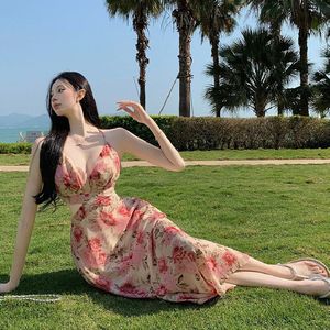 French Style Floral Chiffon Dress High Waisted Halter Neck Backless Slit Vacation Beach Cover Up - Product Image 3