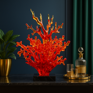 Jingyue Rode Koraalhars Kunstsculptuur, Abstract Decor Voor Luxe Huis En Kantoor, High-End Ornament Met Zwart Marmeren Basis - Product Image 2