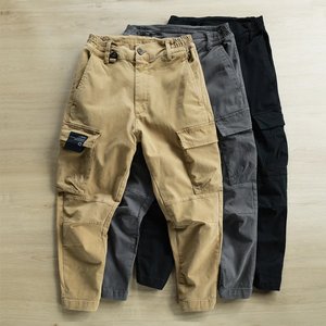 <strong>Vintage</strong> Carpenter Work Pocket Casual <strong>Cargo</strong> <strong>Pants</strong> Solid Khaki Trousers for Men - Product Image 1