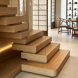 Scala a U Moderna con Piattaforma, Gradini in Legno <span class=keywords><strong>e</strong></span> Balaustra in Vetro per Residenze Duplex - Product Image 3