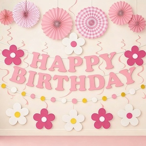 DAMAI - Juego de Pancartas de Feliz Cumpleaños con Flores Rosas de Primavera, Decoraciones para Colgar en la Pared para Fiestas, Pancarta para Baby Shower - Product Image 1