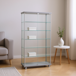Vitrine 95x39x185 cm, portes en verre gris clair, étagères réglables, base roulante - Product Image 3