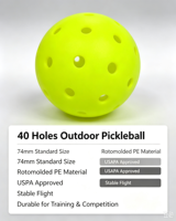 Balles de pickleball d'extérieur rotomoulées approuvées USAPA, 40 trous, 74 mm, balles d'entraînement, logo personnalisé, OEM disponible