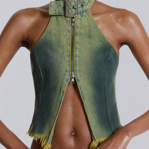 Top da donna alla moda con fibbia in stile Y2K da donna con chiusura a Zip in <span class=keywords><strong>Denim</strong></span> con orlo sfilacciato grezzo - Product Image 6