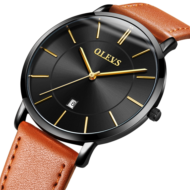 For OLEVS 5869 Men's Luxury Sport Quartz Wristwatch Fashion Business Chronograph Alloy Genuine Leather Band Power Water Watch