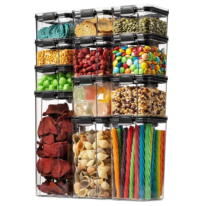 気密食品貯蔵容器ジャーセット積み重ね可能なドライオーガニゼーションプラスチッククリアキッチンpp食品貯蔵ボックス蓋付き