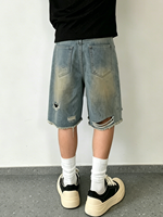 Nouveaux shorts en jean pour homme, style vintage, délavé, fortement déchiré, streetwear, coupe ample, jorts à ourlet brut, demi-pantalon