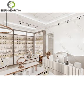 Muebles de Tienda de Cosméticos de Lujo, Exhibidor de Productos para el Cuidado de la Piel con Decoración y Diseño de Gabinete de Pared con LED Dorado - Product Image 4