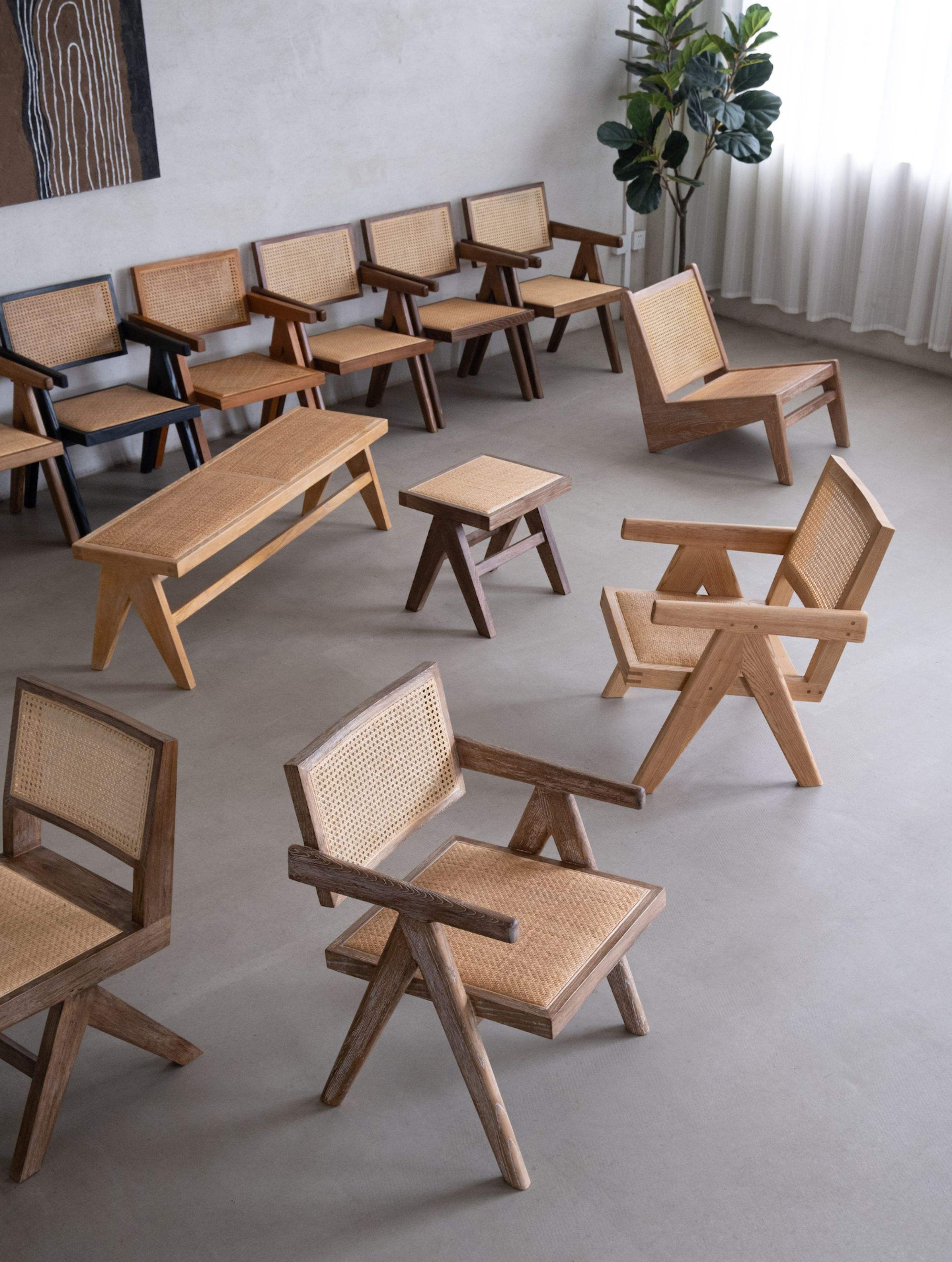 Banc en rotin véritable naturel, base en bois de frêne, couleur ancienne